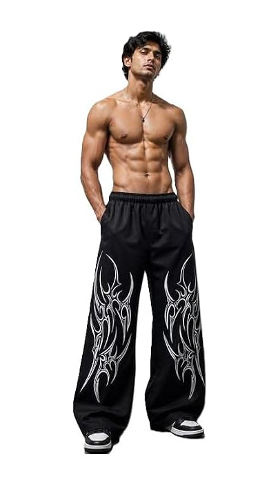 Men's Black Baggy Jogger Pants with White Tribal Print