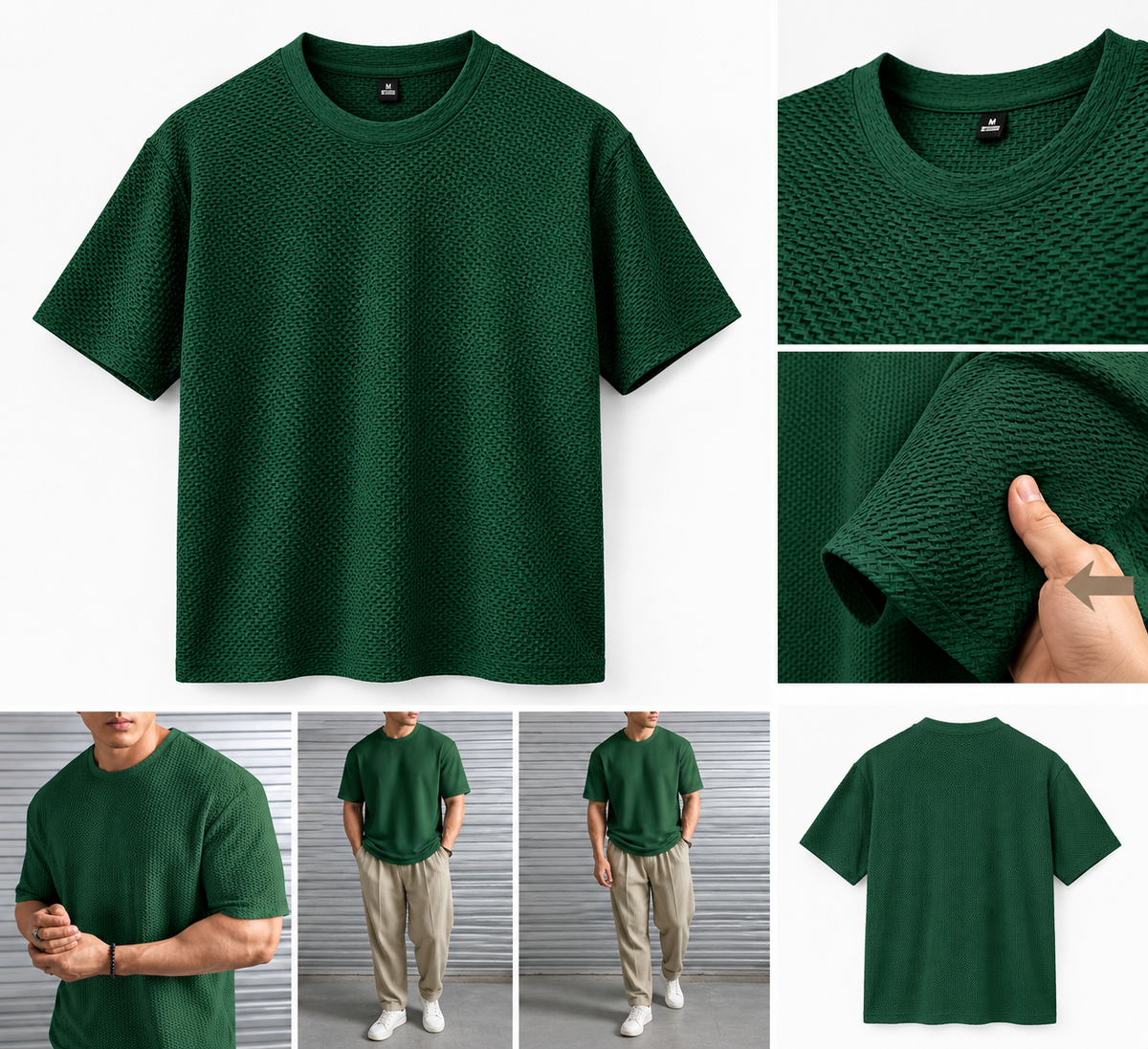 Men's Oversized Waffle Knit T-Shirt – Green Cotton Blend