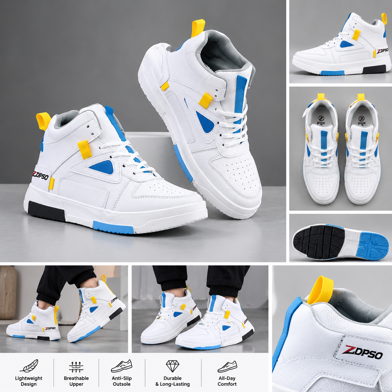 ZYPSO White High-Top Sneakers with Blue & Yellow Accents
