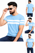 FARBOT Men's Blue Striped Cotton Blend T-Shirt