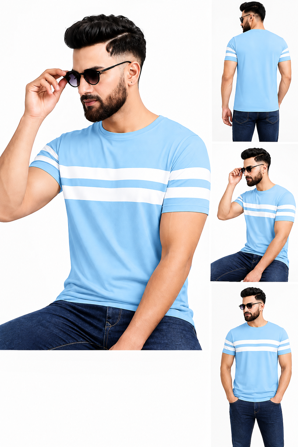 FARBOT Men's Blue Striped Cotton Blend T-Shirt